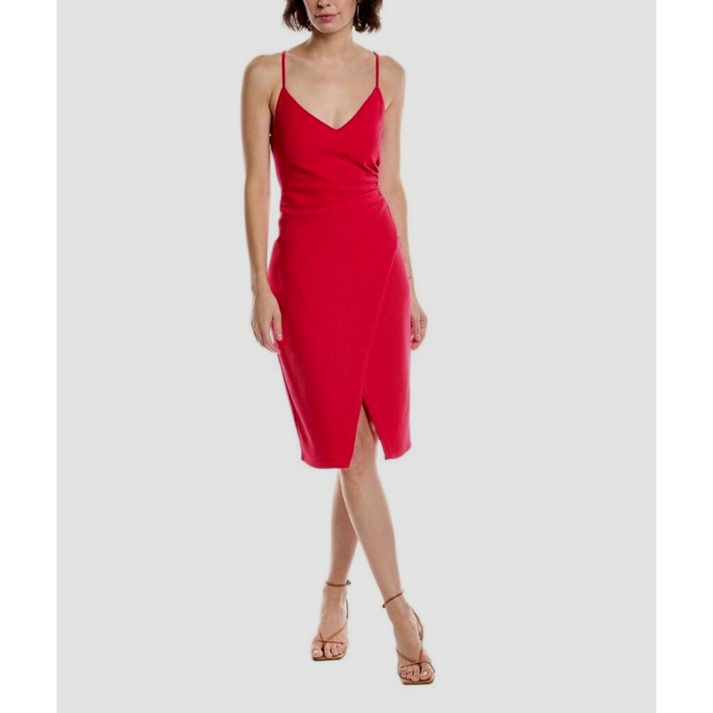 NEW Black Halo Bowery Sheath Dress Red Ruched Front Slit V Neck Womens Size 2
